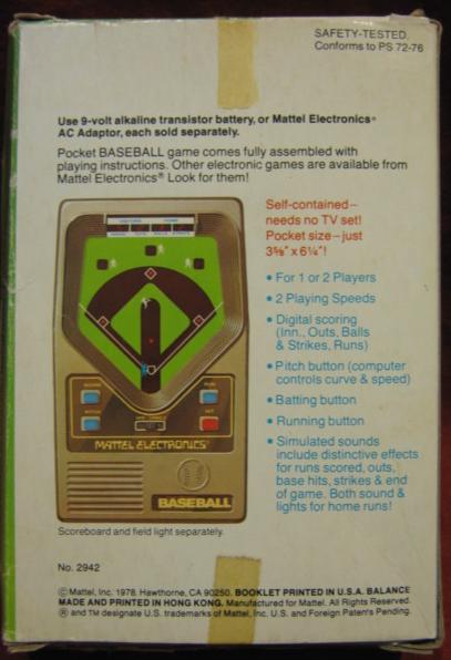 mattel baseball handheld electronic game box back