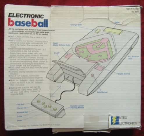 entex baseball handheld electronic game box back