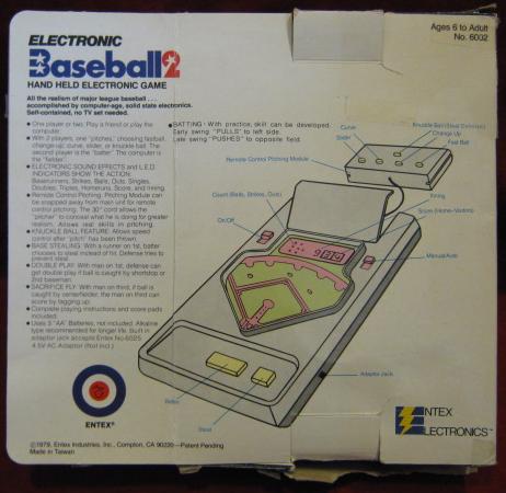 entex baseball 2 handheld electronic game box back
