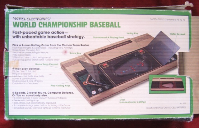 mattel world championship baseball handheld electronic game box back