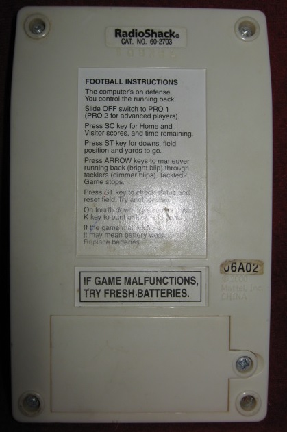 mattel radio shack classic football handheld electronic game console back